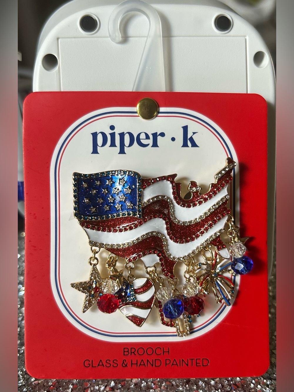 Piper-K Red, White & Blue American Flag Charm Brooch Glass & Hand Painted